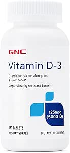 GNC Vitamin D3 125mcg Supplement, 5000 IU, Supports Teeth and Bone Health, 180 Servings