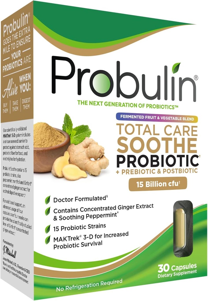 Probulin Total Care Soothe Prebiotic, Probiotic og Postbiotic + Ginger & Mint til fordøjelseslindring - 15 milliarder CFU - 15 Strops - 30 Veganske kapsler