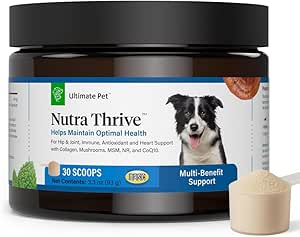 Ultimate Pet Nutrition Nutra Thrive Canine, 40- in-1 Nutritional Powder supplement til hunde med fordøjelse og immunforsvar, Vitaminer, mineraler, Probiotika, Enzymer, 30 Scoops