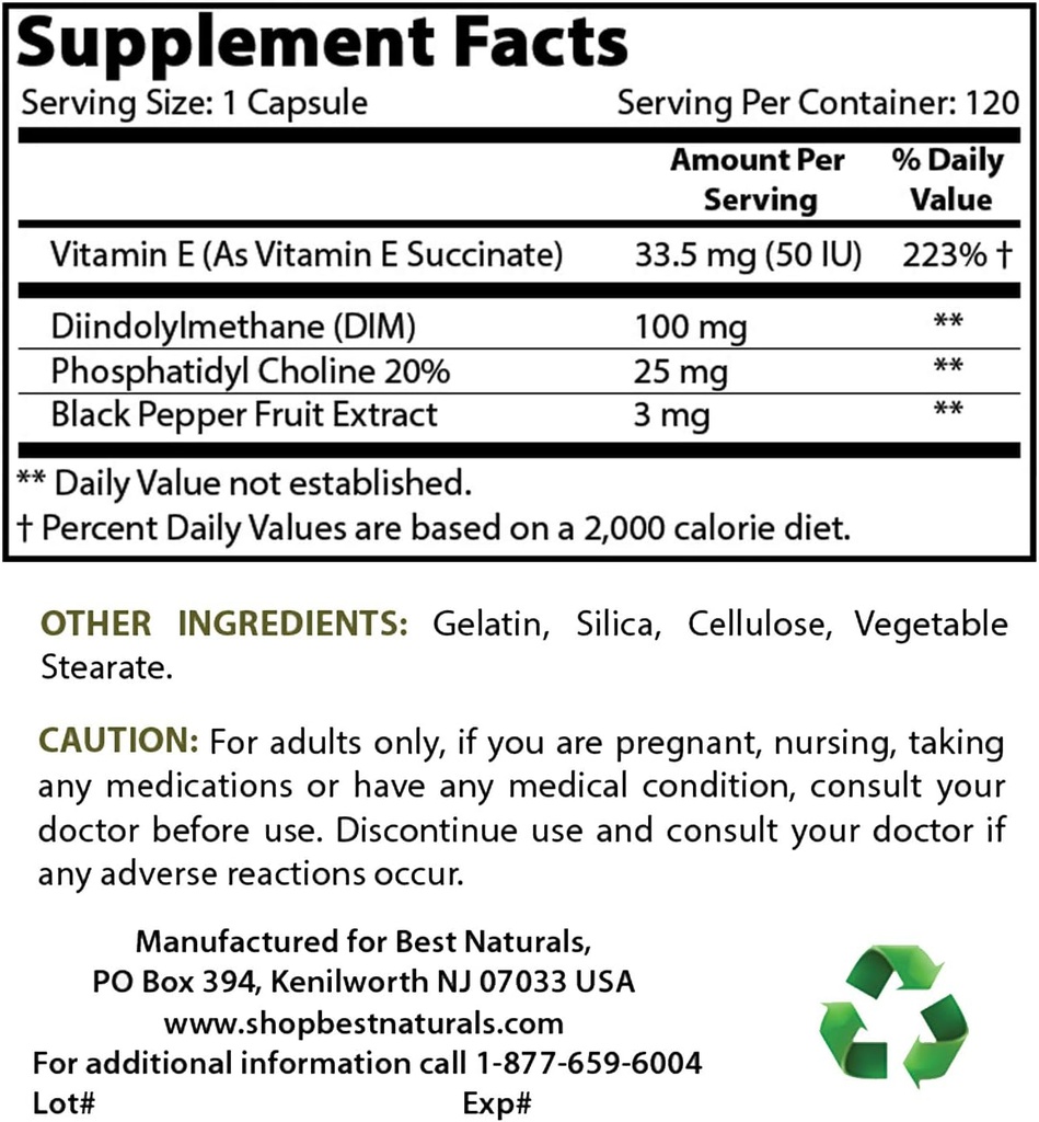 Bedste Naturals DIM supplement 100 mg & vitamin B12 6000 mcg