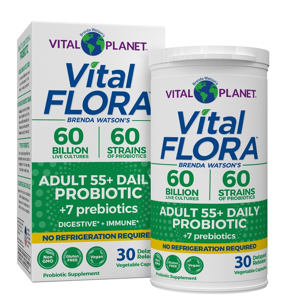Vital Planet - Vital Flora voksne Over 55 Daglige Probiotiske 60 Millioner CFU, Diverse Strops, Organic Prebiotika, Immun og fordøjelsessygdomme Hylde Stabil Probiotika for kvinder og mænd, 30 Kapsler