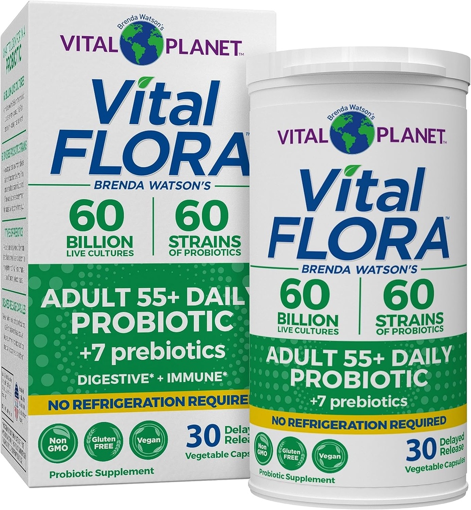 Vital Planet - Vital Flora voksne Over 55 Daglige Probiotiske 60 Millioner CFU, Diverse Strops, Organic Prebiotika, Immun og fordøjelsessygdomme Hylde Stabil Probiotika for kvinder og mænd, 30 Kapsler