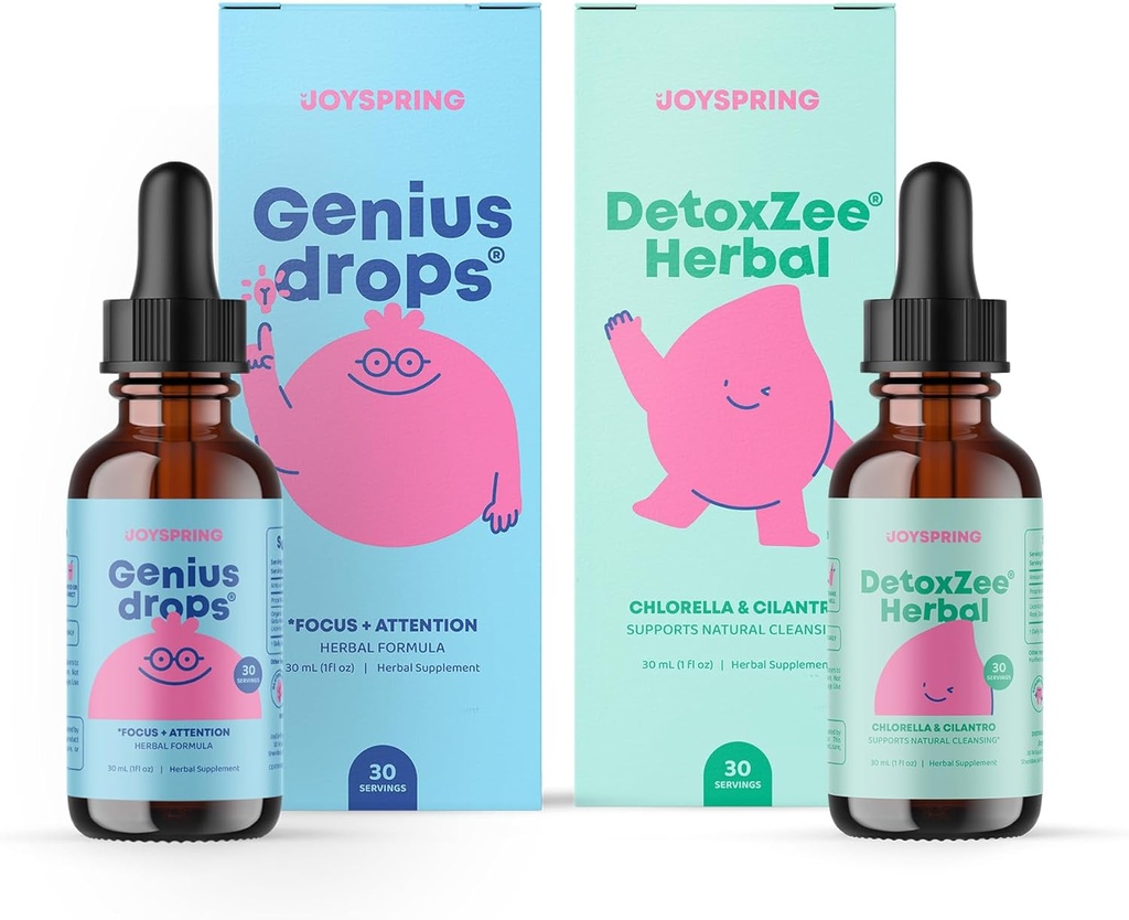 JoySpring Genius Drops & DetoxZee Herbal Bundle 124; Kids Vitaminer naturligt sourced, Non- GMO, Non- Alkoholic Liquid Formel, Immunity Helbreds Support