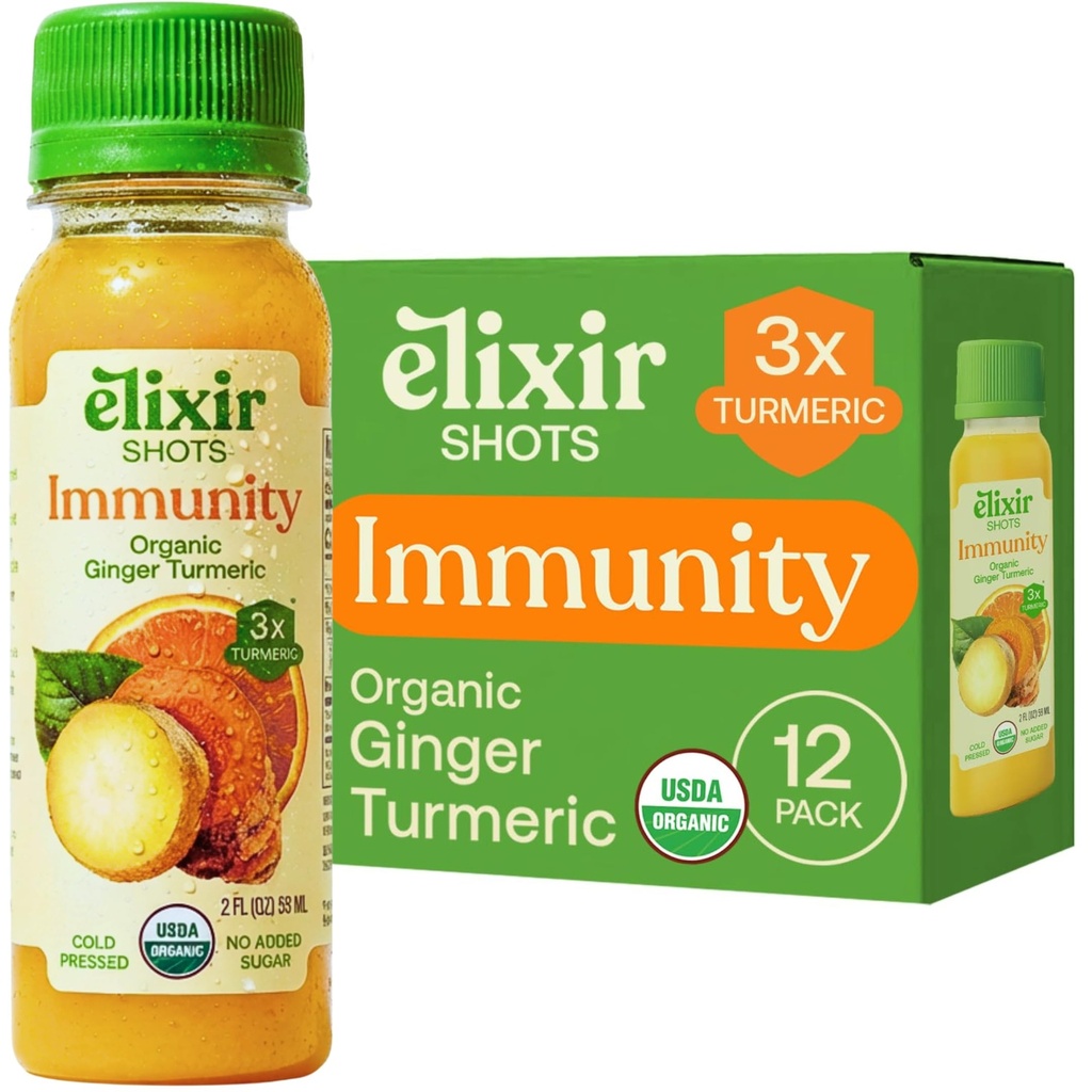 Elixir Shots, Immunitet Boost Wellness Shot med Cold- presset gurkemeje, Ginger, Orange og Black Pepper, Ingen Tilføjet sukkerarter eller kunstige ingredienser, 12- pack