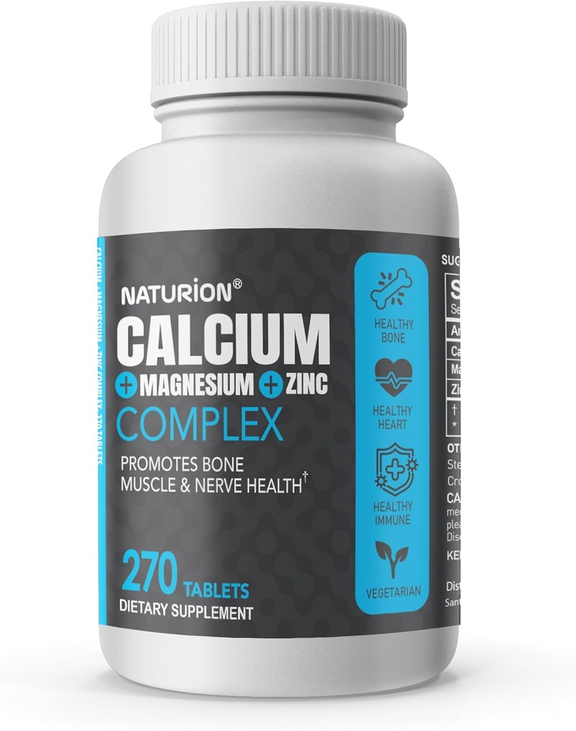 Calcium Magnesium Zink supplement - 3- in-1 Kompleks med 1000mg Calcium, 500mg Magnesium, 10mg Zink - ben, muskel & immunforsvar - 270 tabletter, 90 dages forsyning