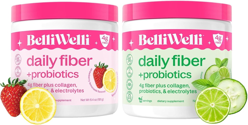 Belli Welli Daily Fiber Supplement Duo - Strawberry Lemonade & Cuckumber Lime Mint - med Collagen, Probiotika & Electrolytes - Forfriskende flavors til balanceret wellness - 32 Total Servering