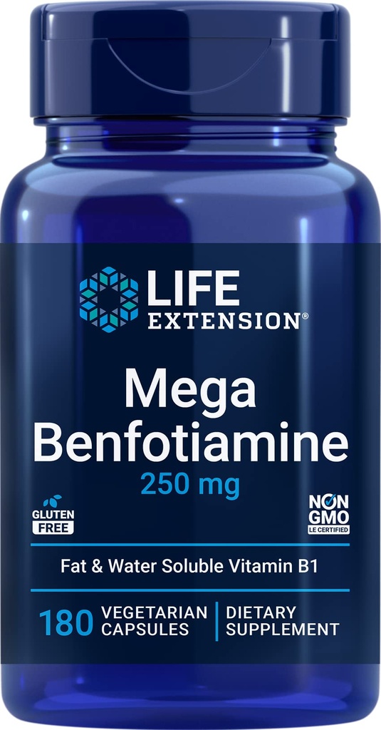 Life Extension Mega Benfotiamin, 250 mg, 180 Veg kapsler med thiamin - vitamin B1 supplement