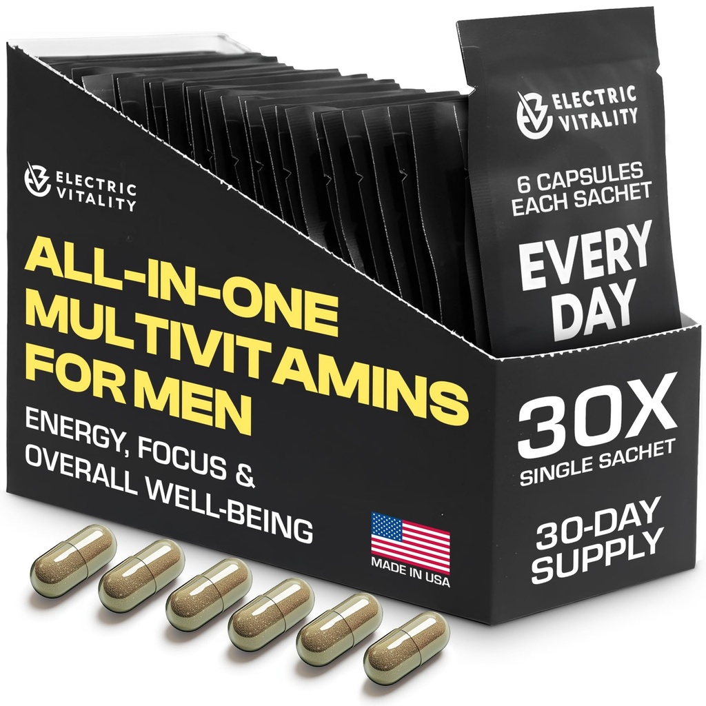 Multivitaminer til mænd - Alle i One Pack for Energy and Focus, Herre Vitaminer for Mental Performance og Sundhed, pakket med Tongkat Ali, Shilijit, C-vitamin, B3, B1, A, B12, 30 Pk