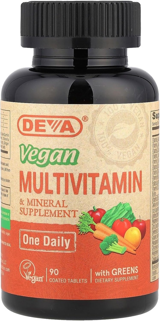 DEVA Små tabletter Vegan Multivitaminer til kvinder & mænd, Multivitamin med jern, Mineral tillæg, C-vitamin, B-vitamin kompleks, B12-vitamin, E-vitamin, zink, gluten fri, 90 tabletter