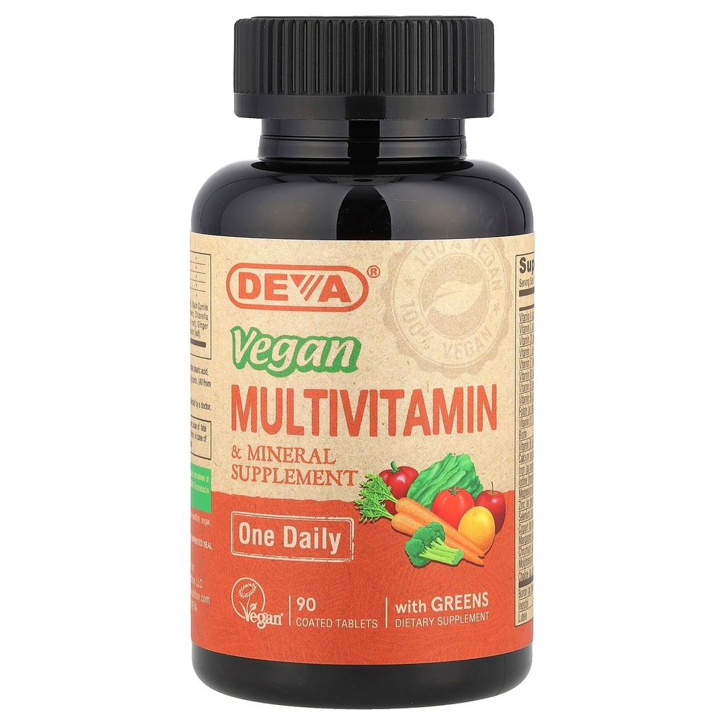 DEVA små tabletter Vegan multivitaminer til kvinder & mænd, Multivitamin med jern, Mineral supplement, C-vitamin, B-vitamin kompleks, B12-vitamin, E-vitamin, zink, gluten fri, 90 tabletter