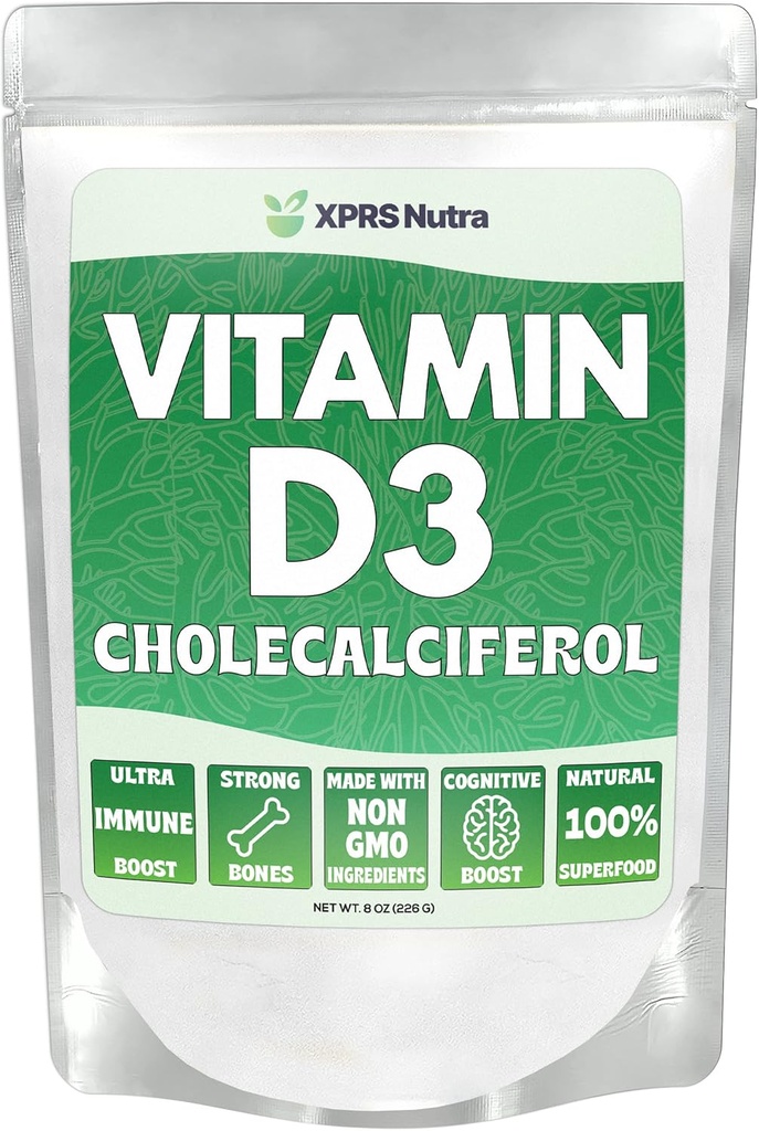 XPRS Nutra Vitamin D3 Pulver (Cholecalciferol) - Uden smag VIT D for knogler og immunitet - Vitamin D3 Pulver til muskelfunktion - D-vitamin Kosttilskud (8 Ounce)