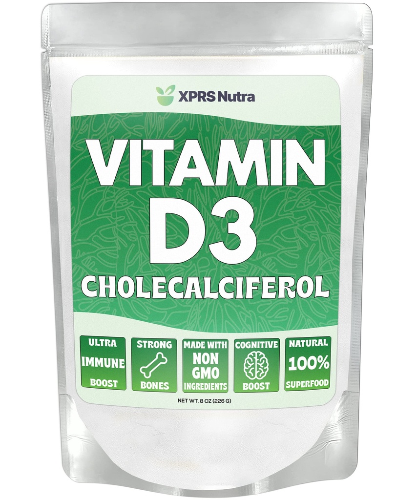 XPRS Nutra Vitamin D3 Pulver (Cholecalciferol) - Uden smag VIT D for knogler og immunitet - Vitamin D3 Pulver til muskelfunktion - D-vitamin Kosttilskud (8 Ounce)