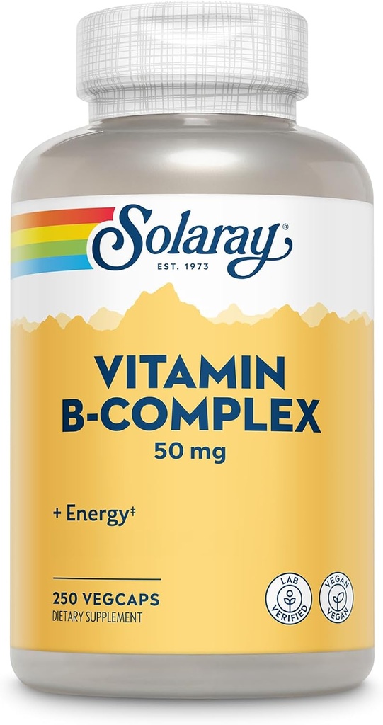 SOLARAY vitamin B Complex 50 mg - Cellulære energivitaminer - Metabolisme og nerve sundhed støtte med vitamin B12, vitamin B1, B6, Niacin, folinsyre, biotin og andre B vitaminer - Vegan, 250 VegCaps