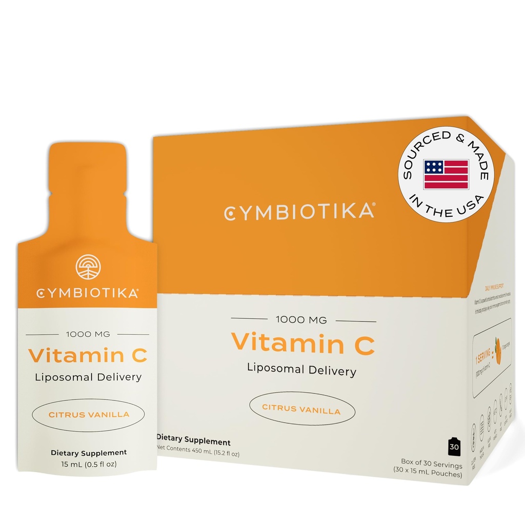 CYMBIOTIKA vitamin C Individuelle pakker, Liposomal Levering, supplement til immunforsvar, Collagen Boost, og sund aldring, Skin Hydration Pakninger, Citrus Vanilla Flavor, 30 Greve