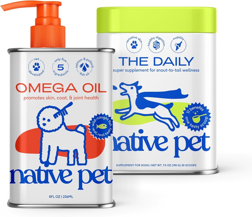 Indfødte kæledyr Pack Leaders Bundle - Daily Dog Multivitamin (7 oz.) & Omega Olie til Hunde (8 oz.) - Omega 3 Fish Oil til Sund Hud, Shiny Coat, & Strong Joints & Daily Multivitamin til Pups