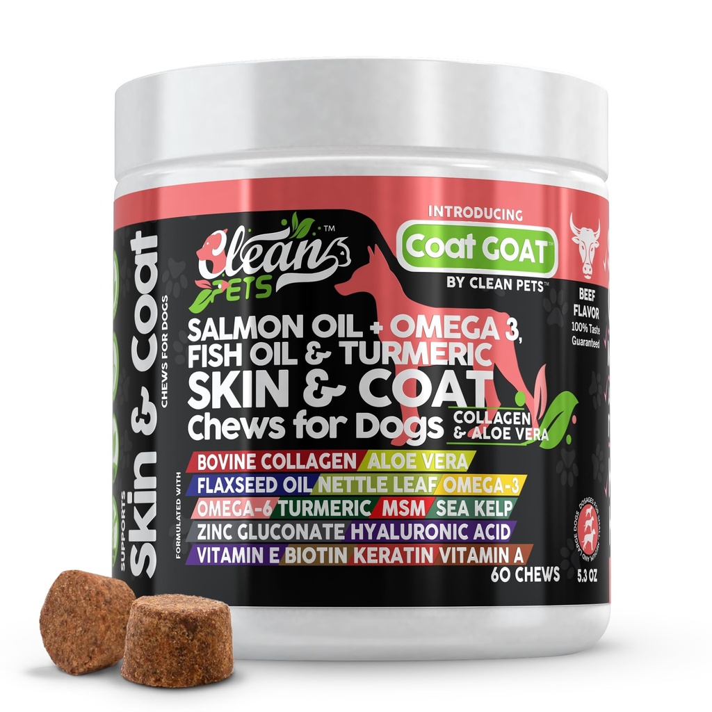 Lakseolie Omega 3 Fish Oil for Dogs Skin and Coat Supplementet 124; Hund Collagen Aloe Vera Biotin Keratin Flaxseed Nettle Leaf Sea Kelp Hyaluronic Acid Brewers Gær Vitamin A - Coat Geder