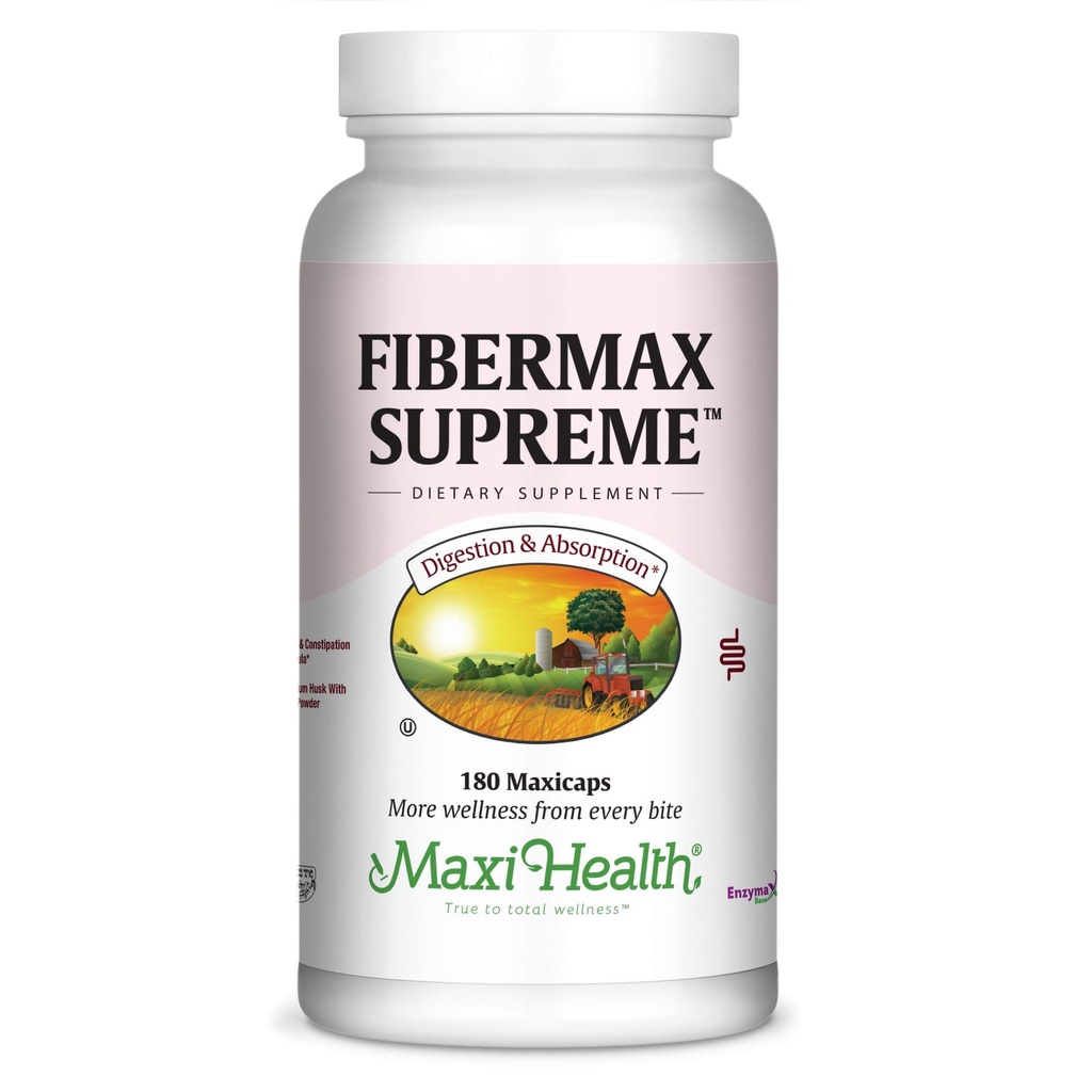 Maxi Health Fibermax Supreme - Fiber Kapsler til Gentle fordøjelse og Gut Support - Vegetarisk Psyllium Husk Kapsler - Kosher Fiber Supplement for mænd og kvinder (180 Greve)