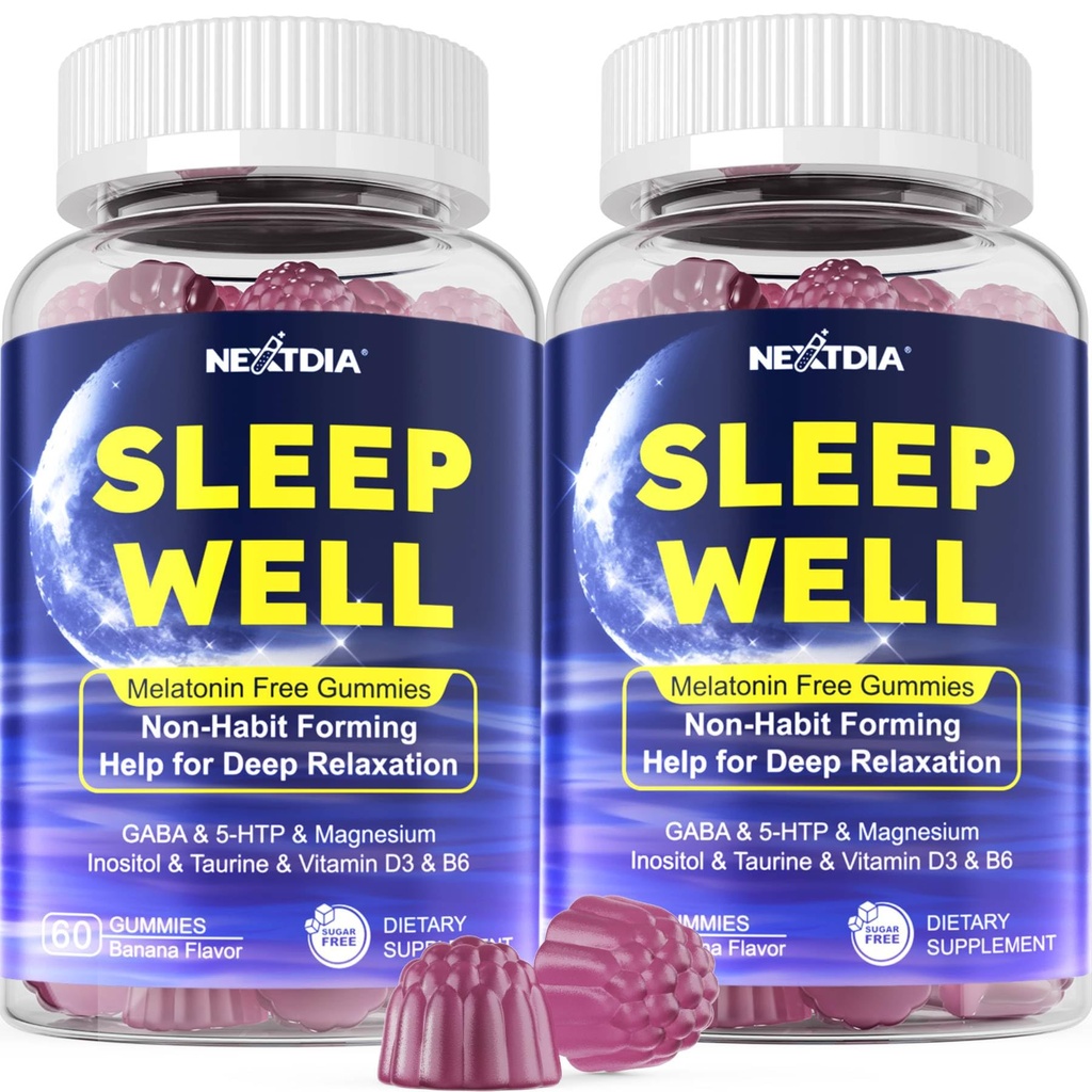 Melatonin Free Sleep Gummies med Magnesium Glycinate, GABA, 5-HTP, L- Theanin, Valerian, Kamille, Lemon Balm, Vitamin D3 & B6 - Hormone & Drug- Free, Non-Habit Forming, 2 Pack