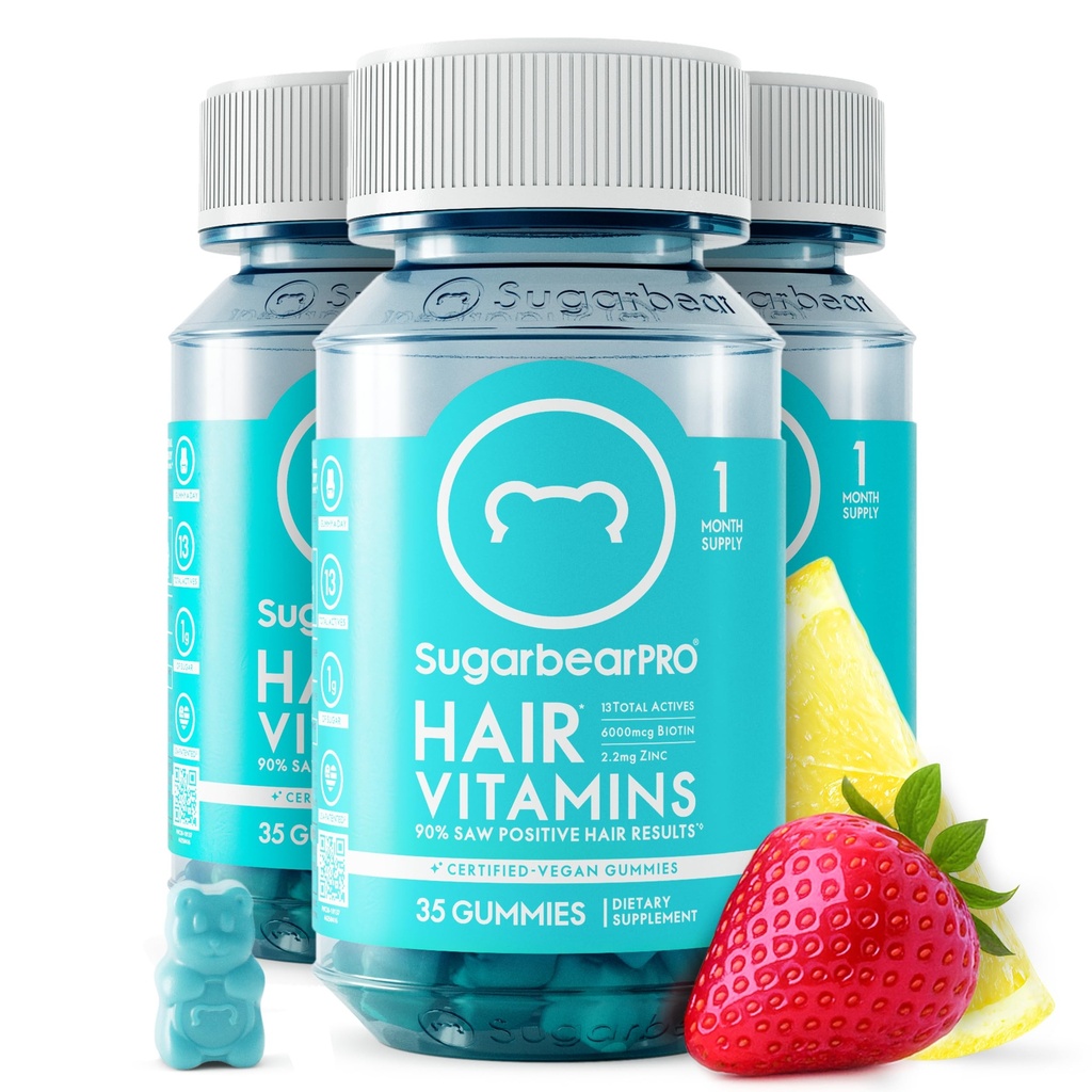 SugarBearPro Hår Vitamin Gummy 3 måneder Supply Extra Strength Biotin 6000mcg, Vækst for mænd og kvinder, Vegan Vitamin B12, MSM, Inositol, Omega 3, Elderberry, Certified Kosher, Halal, Cruelty- Free