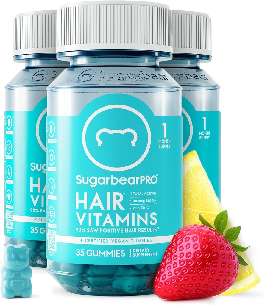 SugarBearPro Hår Vitamin Gummy 3 måneder Supply Extra Strength Biotin 6000mcg, Vækst for mænd og kvinder, Vegan Vitamin B12, MSM, Inositol, Omega 3, Elderberry, Certified Kosher, Halal, Cruelty- Free
