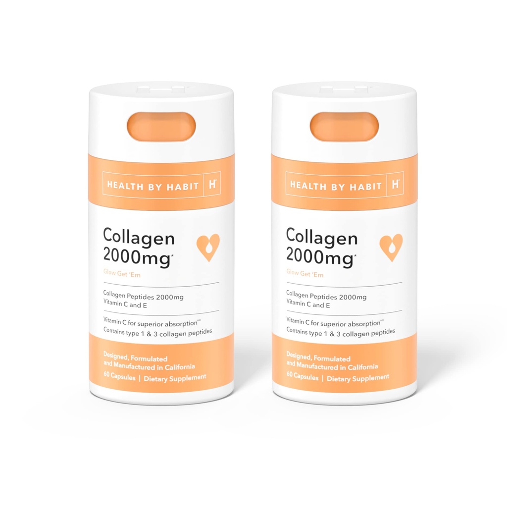 Sundhed ved Habit Collagen Supplement 2 Pack (120 kapsler) - C-vitamin & E-vitamin, 2000mg, Collagen Peptider, Superior Absorption, Support Your Skin, Non- GMO, Sugar Free (2 Pack)