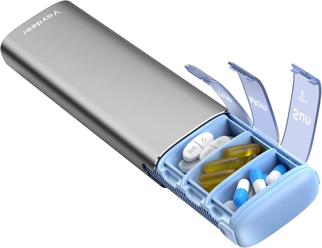 Vayråt Metal Travel Pill Organizer, 7 dage Ugentlig Pill Box, Stor kapacitet Daily Cute Pill Case til kosttilskud, piller, vitaminer og medicin (lille, grå)
