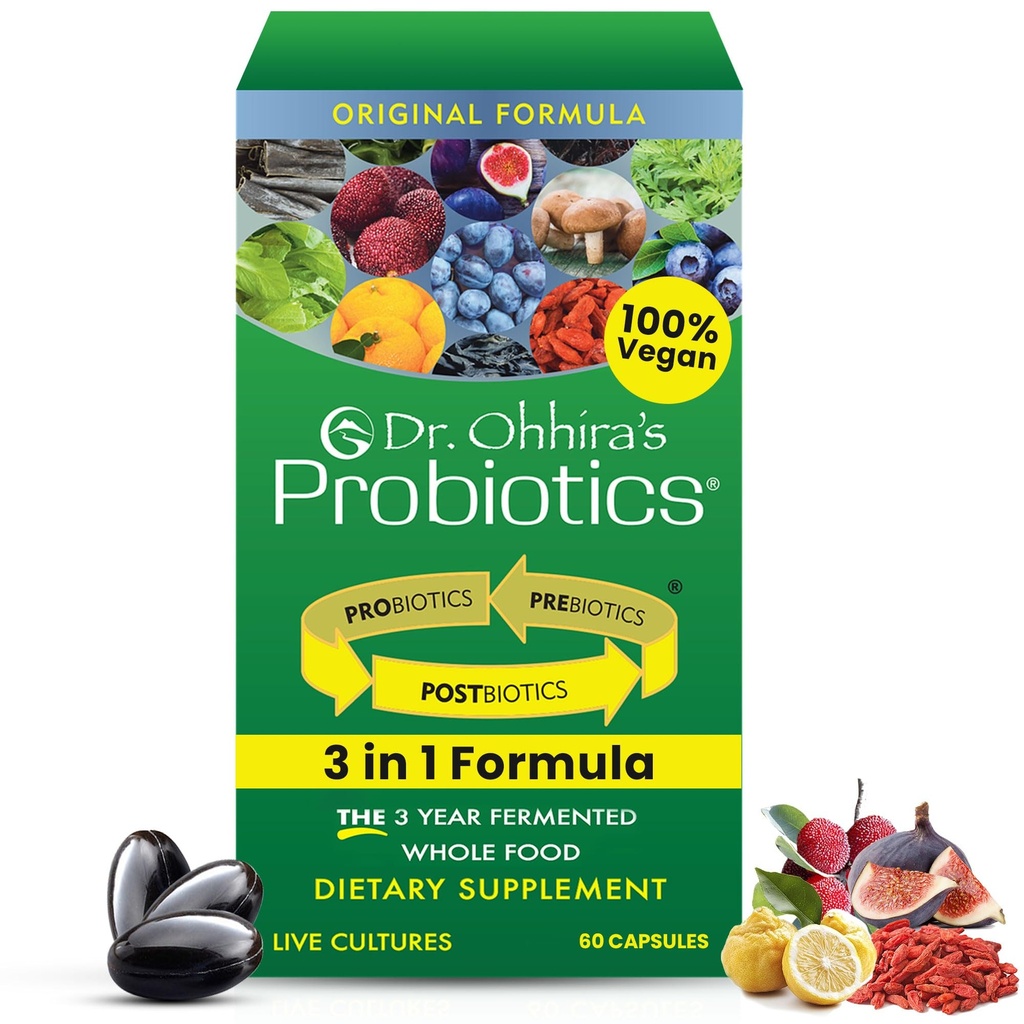 Dr. Ohhiras Probiotika Original Formel med 3 års gæret Prebiotika, Live Active Probiotika og Det eneste produkt med Postbiotiske Metabolitter, 60 kapsler