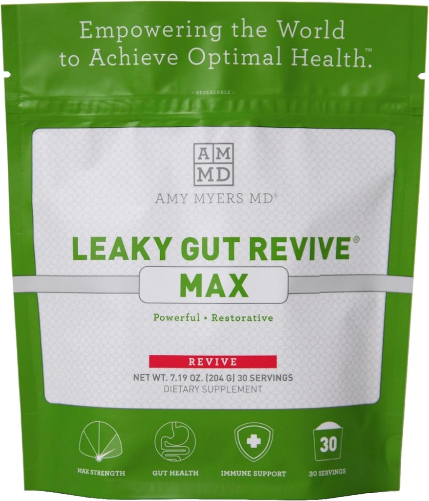 Amy Myers MD Leaky Gut Revive MAX Powder for Leaky Gut Repair "Potent L- Glutamin Powder to Support Constipation, IBS, Diarré, Bloating, Gas, SIBO" Plant Based Supplement for Gut Health, 1 Måned