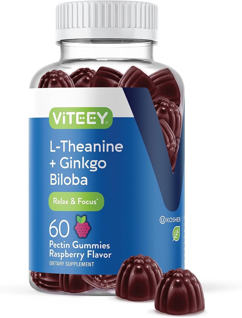 Viteey L- Theanine Gummies med Ginkgo Biloba for voksne - Aids in Focus & Relax, Forbedre Mood - Ikke GMO, Gelatine fri, Vegan, Gluten fri, naturligt sourced Chewable Tasty Raspberry Flavored Gummy
