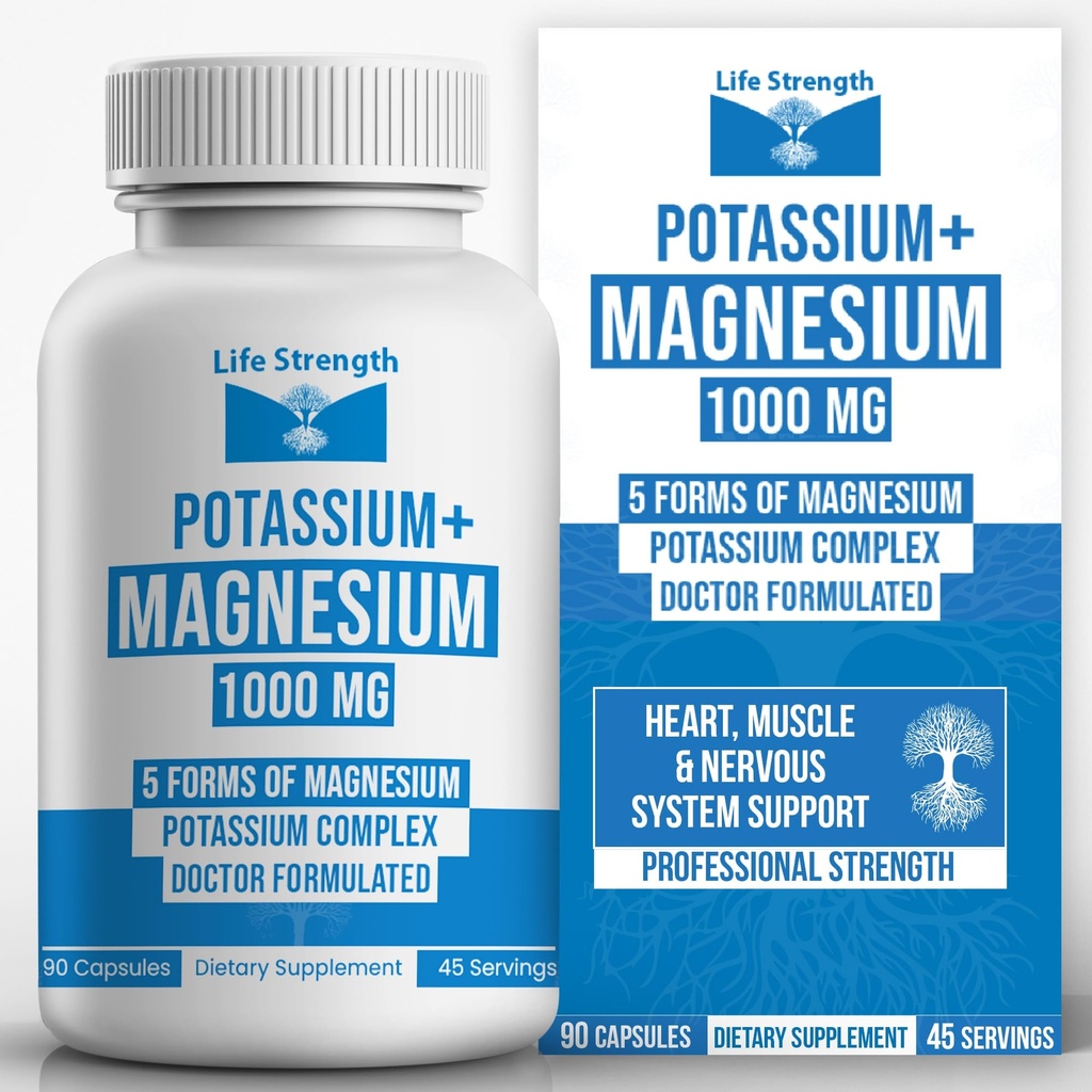 Life Strength, Potassium Magnesium Supplement 1000mg - 90 Capsules – Potassium & Magnesium Complex with Aspartate, Glycinate, Oxide, Gluconate & Citrate – Muscle, Leg & Electrolyte Support