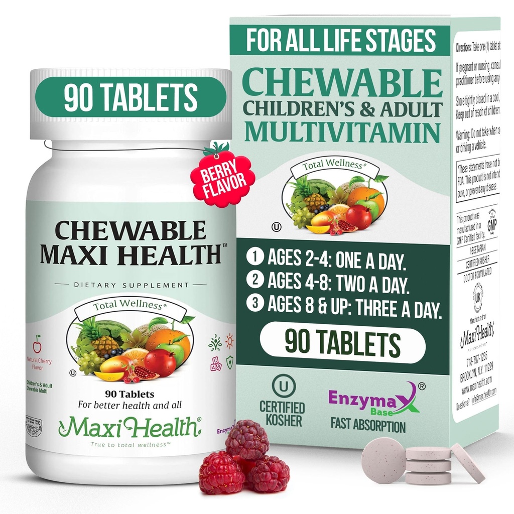 Maxi Health Chewable Multivitamin til børn, teenagere og voksne - Cherry Chewable Vitaminer til voksne og børn - Kosher Kids Multivitamin + jern (90 tabletter)