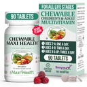 Maxi Health Chewable Multivitamin til børn, teenagere og voksne - Cherry Chewable Vitaminer til voksne og børn - Kosher Kids Multivitamin + jern (90 tabletter)