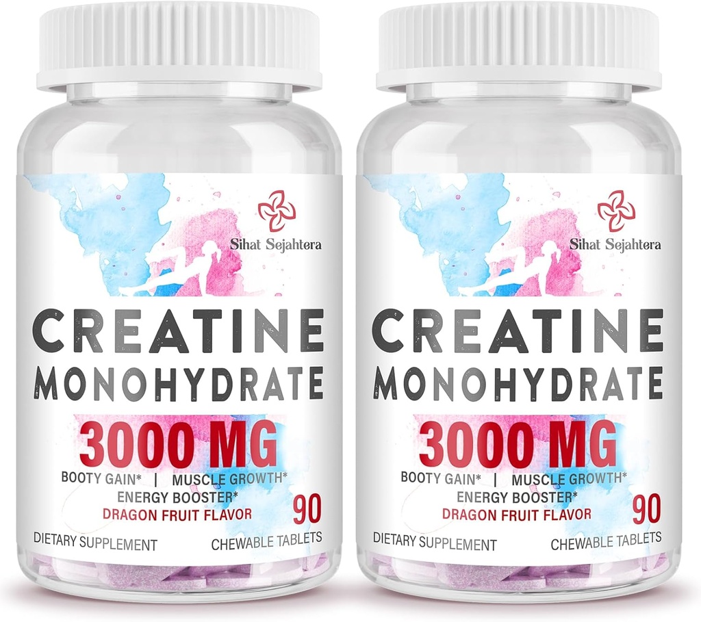 3000 MG Creatine monohydrat til kvinder og mænd, Creatine Pills med BCAA & hydrolyseret Collagen Creatine Chews Tablets for Performance & Recovery, Strength, Dragon Fruit Flavor, 180 Tablets
