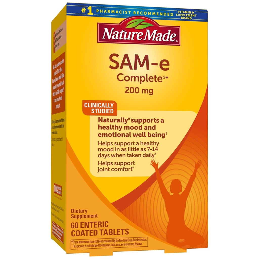 Nature Made SAM- e 200 mg Komplet, Kosttilskud til Mood Support, 60 tabletter, 30 dages forsyning