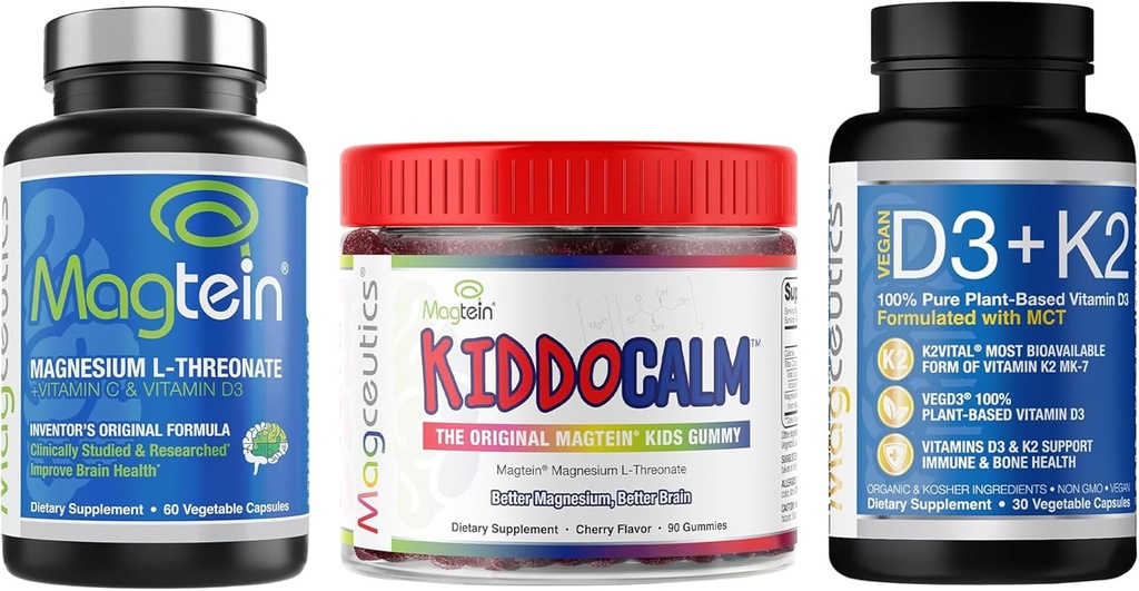 Magtein Magnesium L- Threonate 60 kapsler, Magceutics KIDDOCALM Gummier til børn 90 kapsler, D3 K2-vitamin med MCT 30 kapsler - Bundle