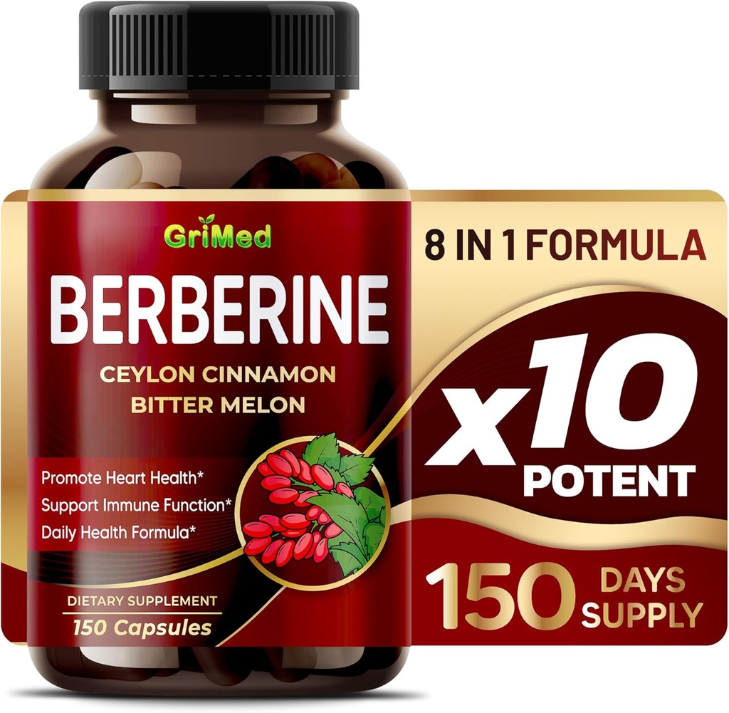 GriMed Berberine Supplement 9,500mg med Ceylon kanel Bitter Melon understøtter sundt immunsystem - Lavet i USA