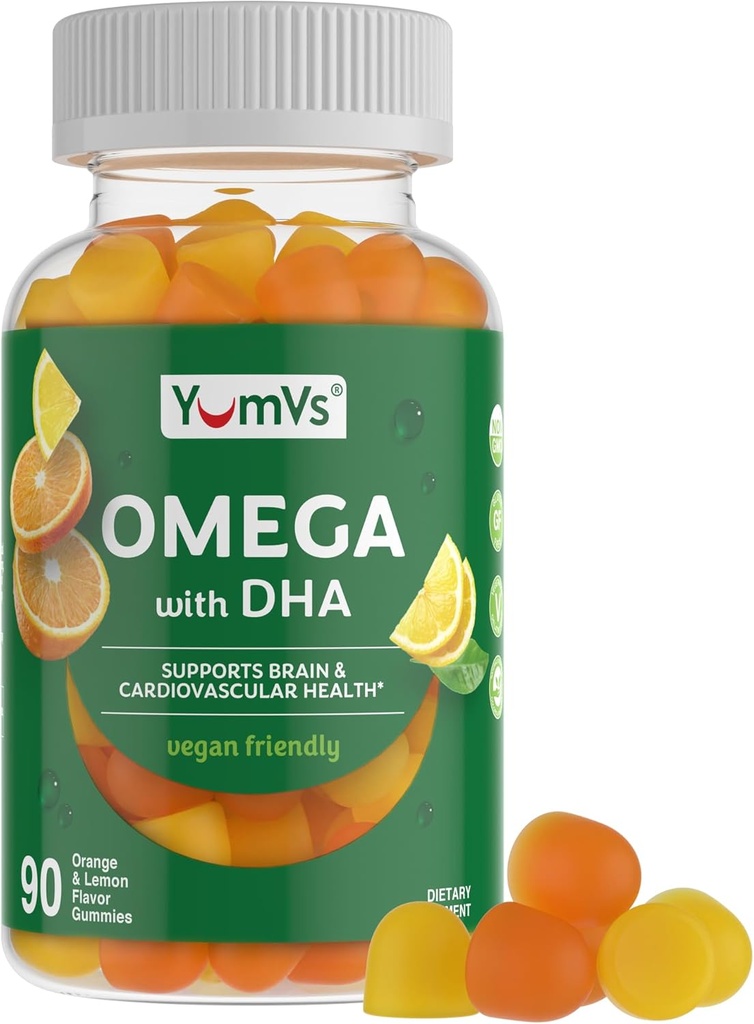 Vegan Omega 3 Supplement Gummies - Alger Oil Plant Based Vegan DHA - Fish Oil Alternative med Flaxseed & Alger - Non-GMO, No Carrageenan - Heart, Brain & Eye Support - Lemon & Orange - 90 Gummies