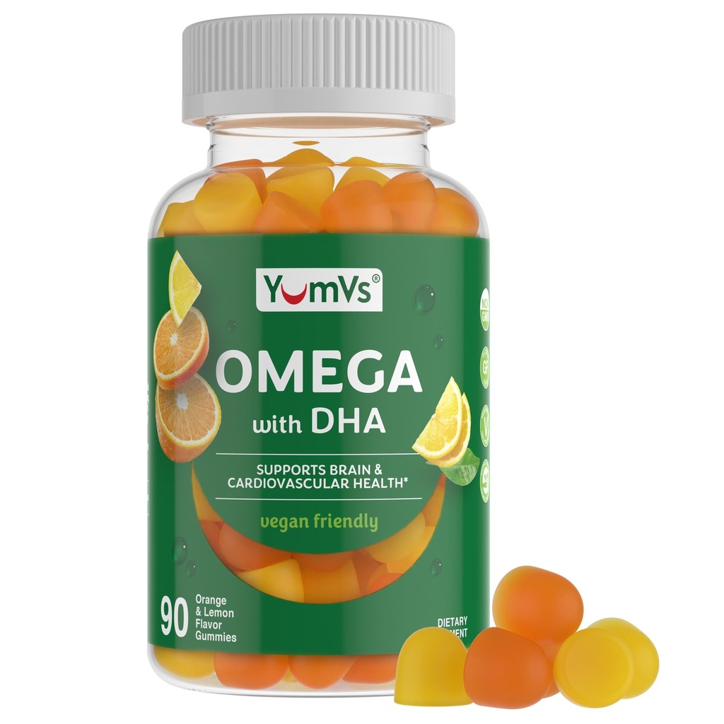Vegan Omega 3 Supplement Gummies - Alger Oil Plant Based Vegan DHA - Fish Oil Alternative med Flaxseed & Alger - Non-GMO, No Carrageenan - Heart, Brain & Eye Support - Lemon & Orange - 90 Gummies