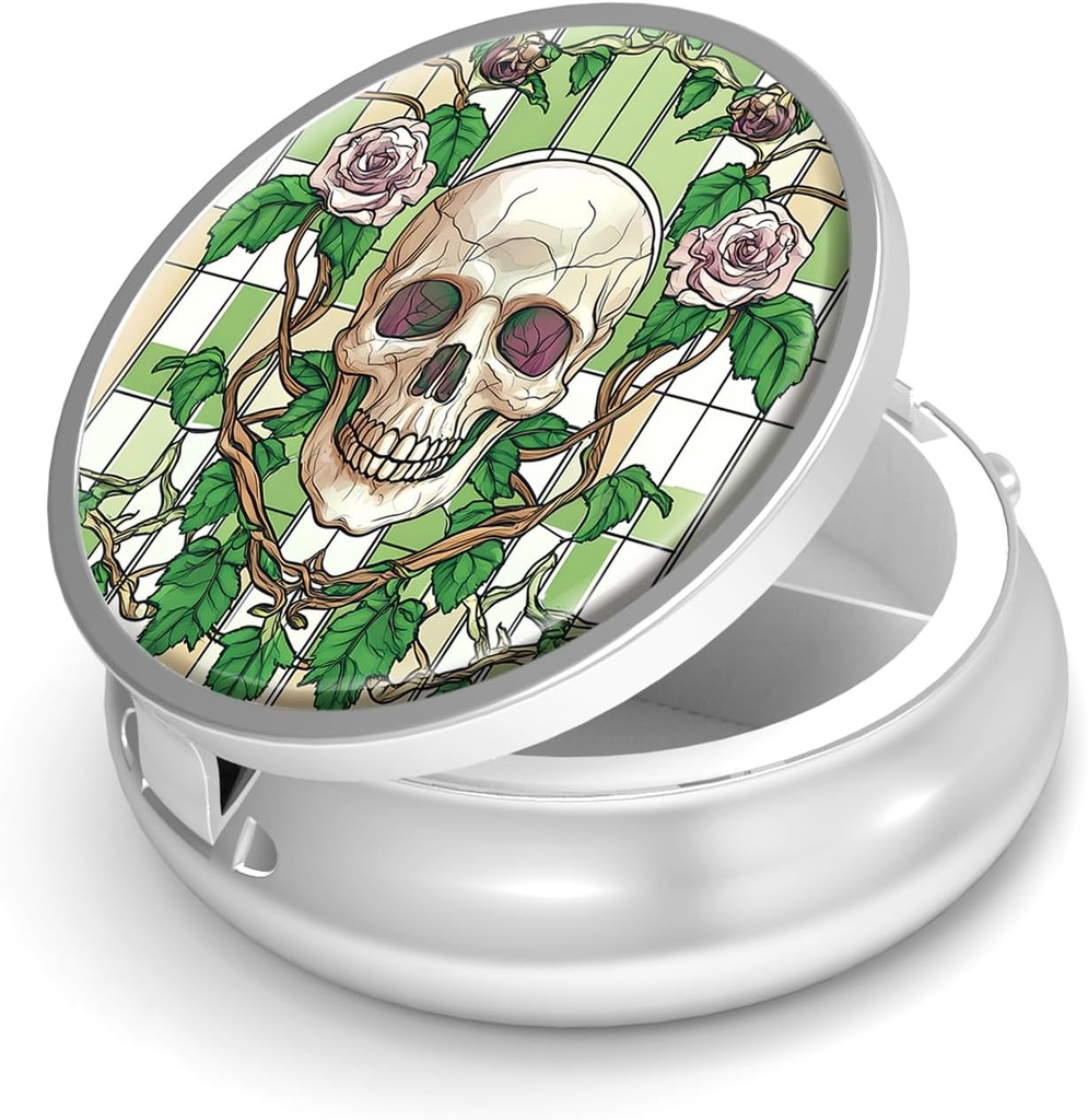 Pill Box-3 Segment Lille Pill sag for pung & Pocket Mini Metal Pill Holder Travel Pill Container til at holde kosttilskud vitaminer BPA- Gratis (Skull og Rose)