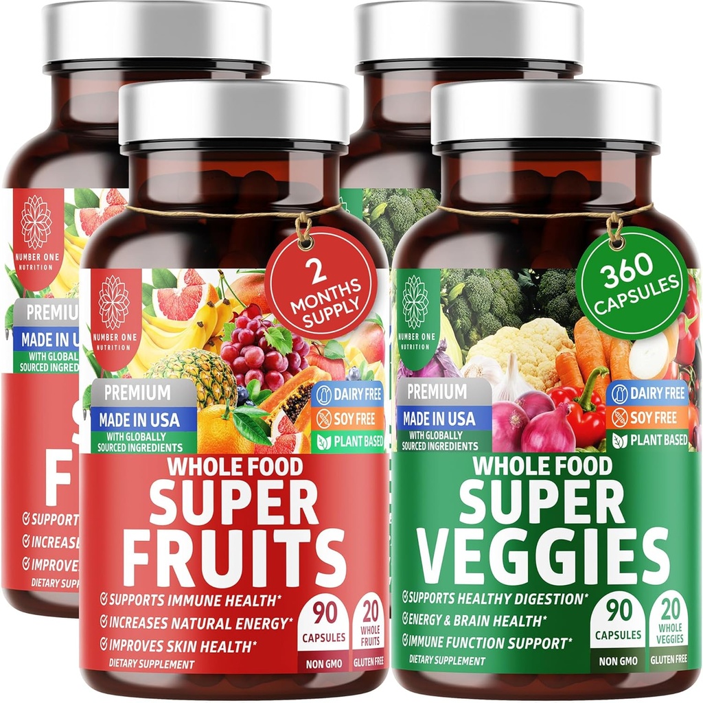 4-Pack N1N Premium Super Frugter & Veggies Supplement, 360 Caps, Hele fødevarer & Natural Superfood til kvinder, Mænd & Børn - Pakket med Aloe Vera, Vitamin & Min, Bedre end Multivitaminer, 100% Vegan