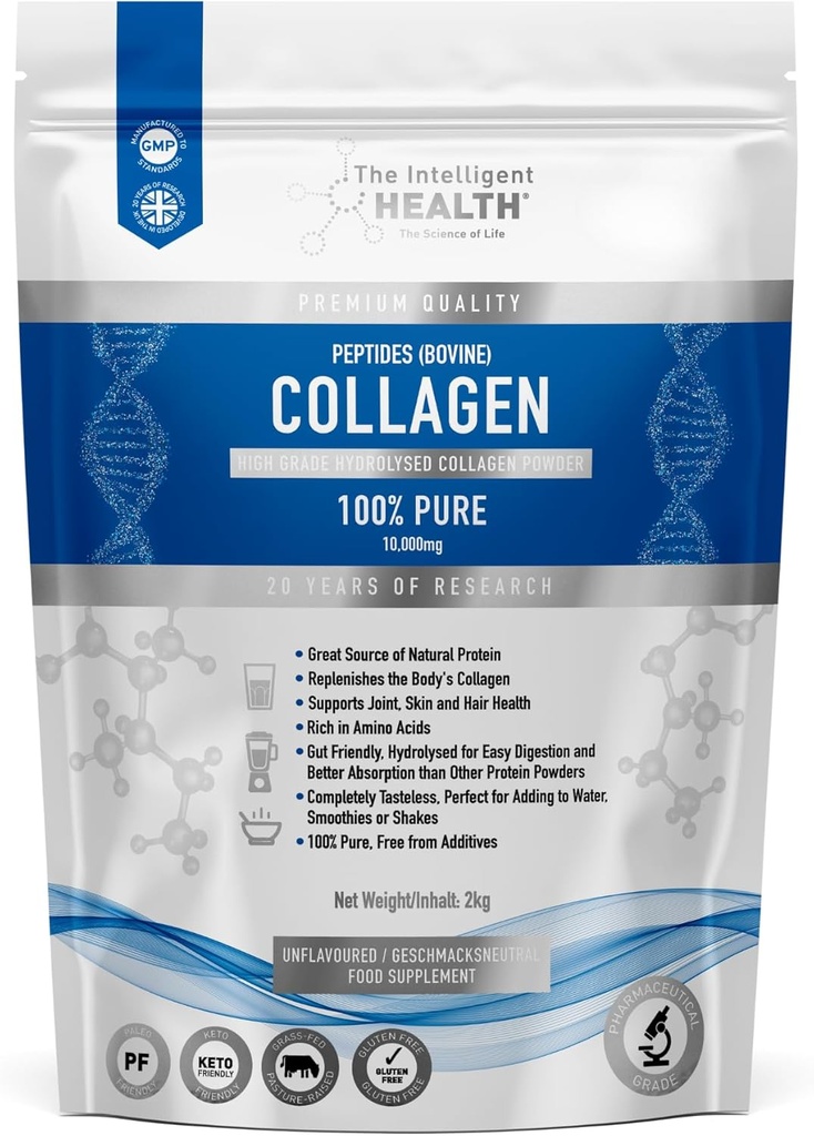 Den Intelligente Sundhed Hydrolyzed Collagen Peptider Powder, Grass Fed, High Protein, Unflavored, Gluten- Free, Paleo & Keto Friendly, 10g per Serving (2 kg) Understøtter hud, hår, negle, joints, & Bones