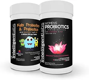 Intelligente Labs 2- in-1 Bundle of Kids 'Probiotika med Sunfiber og FOS + kvinders Probiotika (UTI Formel med Cranberry & D- Mannose), Ingen køling påkrævet, 2 Måneders forsyning pr flaske