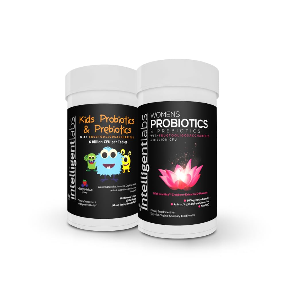 Intelligente Labs 2- in-1 Bundle of Kids 'Probiotika med Sunfiber og FOS + kvinders Probiotika (UTI Formel med Cranberry & D- Mannose), Ingen køling påkrævet, 2 Måneders forsyning pr flaske