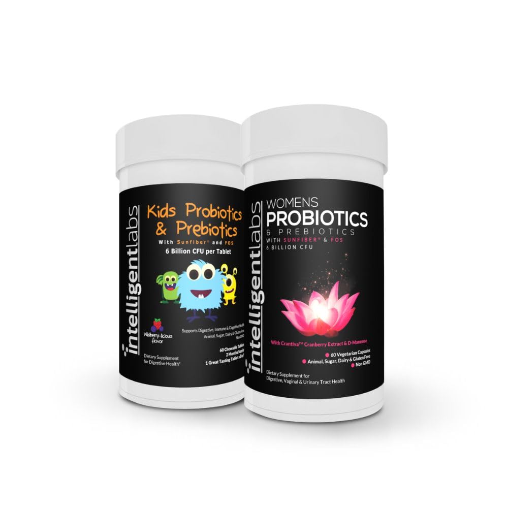 Intelligente Labs 2- in-1 Bundle of Kids 'Probiotika med Sunfiber og FOS + kvinders Probiotika (UTI Formel med Cranberry & D- Mannose), Ingen køling påkrævet, 2 Måneders forsyning pr flaske