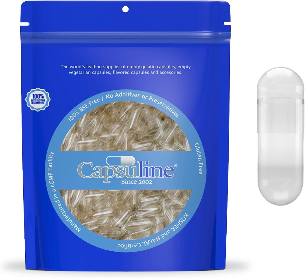 Capsulin Størrelse 0 Gelatine Tomme kapsler, 50000 Tomme Gel Pill kapsler, selv Pure Bovine Pill Kapsler Fyldning, Tomme Caps, Kosher, Gluten Free og Non- GMO Certified, Clear