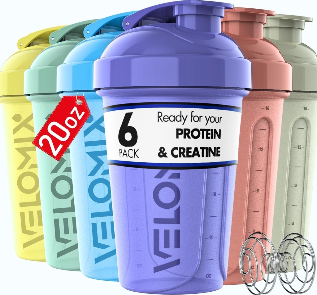 VELOMIX - 6 pakker- 20 oz Protein Shaker Flaske til Protein Mixes - 6x Wire Whisk - 124; Læk Proof Shaker Cups til Protein Shakes - 124; Stackable Protein Flaske Pack 124; Opvaskemaskine Safe (Pastel Shades)