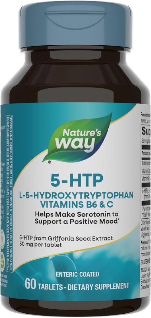 Naturens måde 5-HTP, L-5-Hydroxytryptophan, Hjælper gøre Serotonin til at fremme en positiv Outlook *, B6-vitamin, C-vitamin, Griffonia Bean Extract, 60 tabletter (Packaging May Vary)