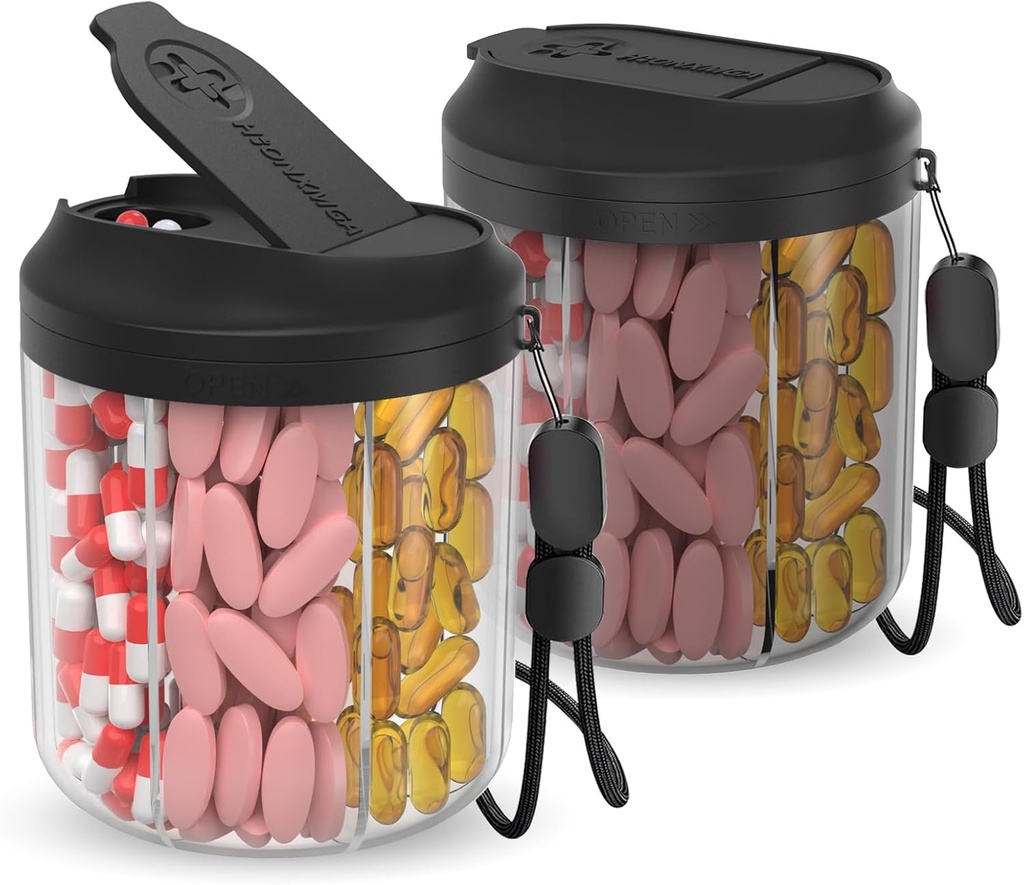 Pill Dispenser med 7 store kompartmenter, Pill Flaske Organizer til Rejser, Supplement Organizer med Anti- Mixing Design, BPA- Free Pill Container med 20 Pcs Labels, Black 2pcs