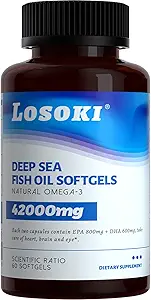 Losoki Deep Sea Fish Oil - 1000 mg EPA & DHA, Omega-3 fedtsyrer, Vildtfanget fisk, Premium Burpless Softgel Kosttilskud - 60 ct