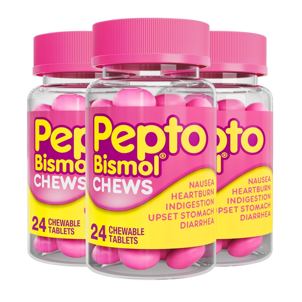 Pepto Bismol Chews, Hurtig og effektiv fordøjelseslindring fra kvalme, hjerterytme, fordøjelsesbesvær, opsat mave, diarré, 72 i alt (3 pakker af 24)